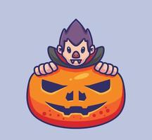 jolie peau de dracula sur une citrouille géante. illustration d'halloween de dessin animé isolé. style plat adapté au vecteur de logo premium de conception d'icône d'autocollant. personnage mascotte