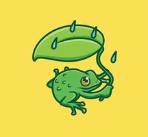 grenouille mignonne tenant une feuille comme parapluie quand il pleut. illustration isolée de concept de nature animale de dessin animé. style plat adapté au vecteur de logo premium de conception d'icône d'autocollant. personnage mascotte