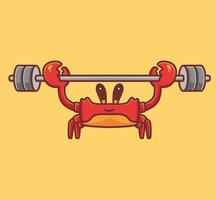 poids de levage de crabe mignon. illustration isolée de concept de sports d'animaux de dessin animé. style plat adapté au vecteur de logo premium de conception d'icône d'autocollant. personnage mascotte