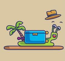 chapeau de coquille d'escargot mignon et valise dessin animé animal voyage vacances été concept illustration isolée. style plat adapté au vecteur de logo premium de conception d'icône d'autocollant. personnage mascotte