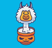 alpaga mignon sur la citrouille du bol. illustration d'halloween de dessin animé isolé. style plat adapté au vecteur de logo premium de conception d'icône d'autocollant. personnage mascotte