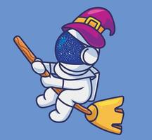 astronaute mignon volant avec un balai de sorcier. illustration d'halloween de dessin animé isolé. style plat adapté au vecteur de logo premium de conception d'icône d'autocollant. personnage mascotte
