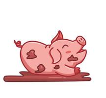 mignon cochon rose jouant de la boue sale. illustration isolée de concept de nature animale de dessin animé. style plat adapté au vecteur de logo premium de conception d'icône d'autocollant. personnage mascotte