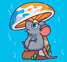 souris de dessin animé mignon s'abriter sous la pluie de champignons. vecteur d'illustration animal dessin animé isolé