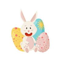personnage de lapin. assis et riant drôle, joyeux lapin de dessin animé de pâques avec des oeufs vecteur