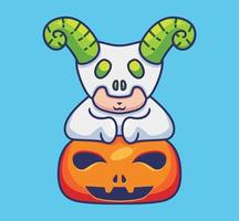 démon mignon à cornes sur une citrouille. illustration d'halloween de dessin animé isolé. style plat adapté au vecteur de logo premium de conception d'icône d'autocollant. personnage mascotte