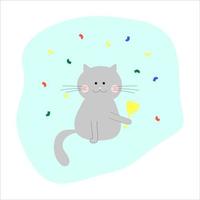 chat gris tenant une coupe de champagne sous des confettis colorés vecteur