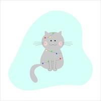 chat gris dessin animé mignon avec guirlande de noël colorée vecteur