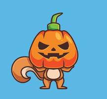 écureuil mignon portant un masque de citrouille. dessin animé animal halloween événement concept illustration isolée. style plat adapté au vecteur de logo premium de conception d'icône d'autocollant. personnage mascotte