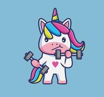 mignon licorne soulevant haltère fitness gym. illustration isolée de concept de sports d'animaux de dessin animé. style plat adapté au vecteur de logo premium de conception d'icône d'autocollant. personnage mascotte