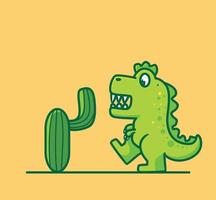 un dinosaure mignon rencontre un cactus. dessin animé animal isolé plat style autocollant web design icône illustration prime vecteur logo mascotte personnage objet