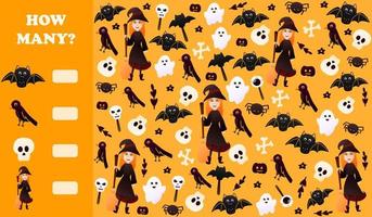 combien de puzzle ou d'énigme pour les enfants pour halloween avec un personnage de sorcière tenant un balai, des fantômes et des chauves-souris, des éléments fantasmagoriques sur fond orange, une feuille de calcul imprimable, un jeu d'intérieur vecteur