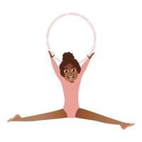 jolie fille africaine jouant avec cerceau, petite gymnaste faisant de la ficelle, se préparant à la compétition, passant du temps avec plaisir, activité sportive pour enfants en style dessin animé sur fond blanc vecteur