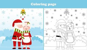 page de coloriage de noël avec le personnage du père noël et mme claus s'embrassant, feuille de travail imprimable pour enfant en style dessin animé, activité de vacances d'hiver vecteur