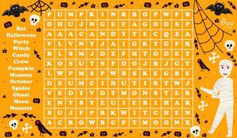 énigme colorée d'halloween pour les enfants, jeu de recherche de mots avec personnage de momie et chauves-souris, feuille de calcul effrayante pour les livres pour enfants, activité éducative sur fond orange en style dessin animé vecteur