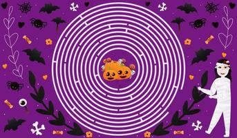 joyeux labyrinthe d'enfant d'halloween avec un personnage de costume de monstre mignon sur fond violet avec des chauves-souris volantes, des crânes et des citrouilles mignons, une feuille de travail éducative imprimable pour les livres pour enfants vecteur