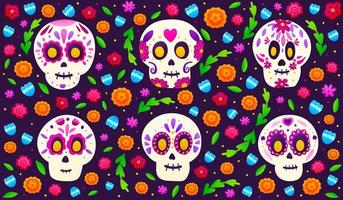 crânes de sucre avec des fleurs colorées sur fond sombre, bannière pour les vacances mexicaines dia de los muertos en style cartoon, fleuri orné de soucis vecteur