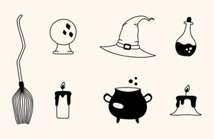 ensemble d'éléments isolés de doodle de sorcellerie. halloween clip art potion dessinée à la main, balai, boule magique, chapeau de sorcière, bougies, chaudron. illustration d'éléments de sorcière magique de vecteur