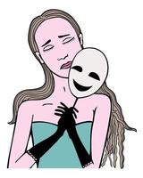 illustration vectorielle isolée de jeune fille triste avec masque de bonheur.