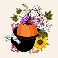 bouquet d'automne isolé de vecteur avec citrouille sur chapeau d'halloween, feuilles, fleurs et baies.