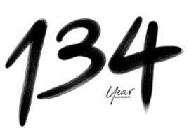 Modèle vectoriel de célébration d'anniversaire de 134 ans, création de logo de 134 numéros, 134e anniversaire, numéros de lettrage noir brosse dessin croquis dessiné à la main, illustration vectorielle de numéro de conception de logo