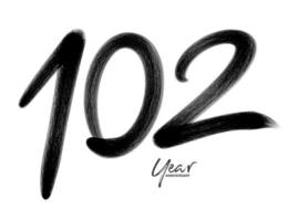 Modèle vectoriel de célébration d'anniversaire de 102 ans, création de logo de 102 numéros, 102e anniversaire, numéros de lettrage noir dessin au pinceau croquis dessiné à la main, illustration vectorielle de numéro de conception de logo