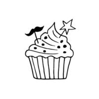 cupcake avec une étoile et une moustache dessinées à la main dans un style doodle. dessert de vacances sucré vecteur