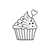 cupcake avec coeur dessiné à la main dans un style doodle. dessert de vacances sucré vecteur