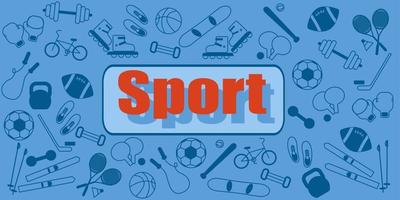 le sport est mon style de vie. bannière. couleurs bleues avec lettrage rouge. équipement sportif. illustration de vecteur de dessin animé.