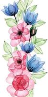 dessin à l'aquarelle. bordure transparente, bannière de fleurs transparentes et de feuilles de rose. radiographie rose rose et tulipes bleues vecteur