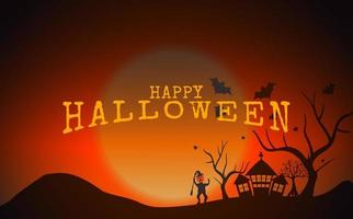 joyeux halloween, avec des zombies, une vieille maison et un arbre sans feuilles, pleine lune effrayante dans l'illustration réaliste du ciel nocturne vecteur