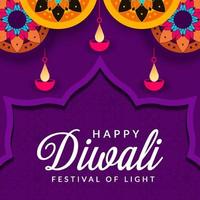 joyeux diwali sur fond violet avec décoration diya et art rangoli vecteur