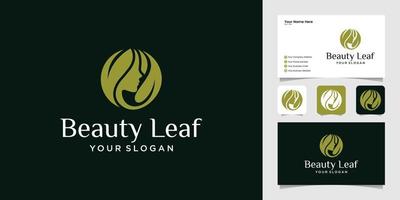création de logo beauté femme avec modèle de conception de visage et de feuilles et carte de visite vecteur