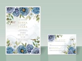 fleurs bleues et libellule carte d'invitation de mariage dessinée à la main vecteur