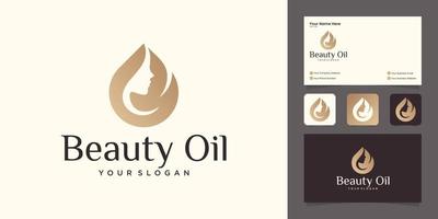 création de logo d'huile de beauté femme avec modèle de conception de visage de femme et d'huile d'olive et carte de visite vecteur