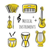 ensemble d'instruments de musique de contour, vecteur isolé sur fond blanc silhouettes, simples icônes de doodle dessinés à la main.