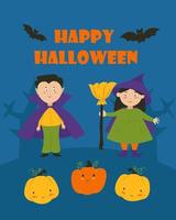 bannière de carte postale pour halloween, enfants en costumes de fantômes et divers méfaits. illustration vectorielle. vecteur