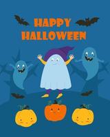 bannière de carte postale pour halloween, enfants en costumes de fantômes et divers méfaits. illustration vectorielle vecteur