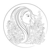 belle jeune fille parmi les roses. livre de coloriage pour enfants et adultes. illustration de vecteur ligne art