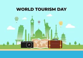 affiche de bannière de fond de la journée mondiale du tourisme avec appareil photo, carte, valise et icône touristique le 27 septembre. vecteur