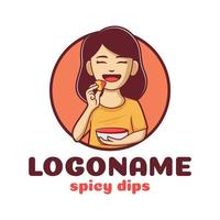 fille mangeant une collation avec des sauces dips, modèle de logo dips vecteur