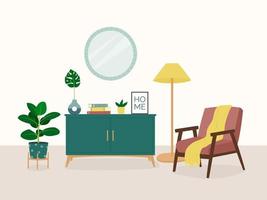 aménagement intérieur du salon avec fauteuil, buffet, lampadaire, miroir et plante d'intérieur. composition tendance avec des décorations pour la maison vecteur
