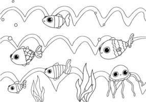 mignon bébé poisson, méduse, vagues, océan, livre de coloriage de doodle isolé. mer de croquis dessinés à la main. vecteur