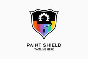 conception de logo de peinture murale ou de peinture de maison, silhouette de rouleau de peinture avec icône d'engrenage dans un concept de couleur arc-en-ciel dans un bouclier. illustration vectorielle moderne vecteur