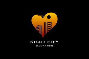 création de logo de ville de nuit avec concept créatif, éléments de construction et lune ou soleil au coeur. illustration de logo vectoriel haut de gamme