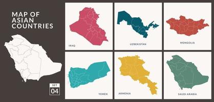 cartes des pays asiatiques, arabie saoudite, irak, ouzbékistan, mongolie, yémen et arménie, illustration vectorielle. vecteur