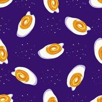 œufs brouillés frits dans l'espace. œufs frits comme le début de l'univers. modèle sans couture. illustration vectorielle