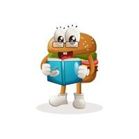 conception mignonne de mascotte de burger lisant un livre, livre de recettes vecteur