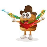 conception mignonne de mascotte d'hamburger jouant avec le jouet de pistolet à eau, portant le chapeau de cowboy vecteur