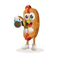 adorable mascotte de hot-dog buvant du café, à l'heure du café vecteur